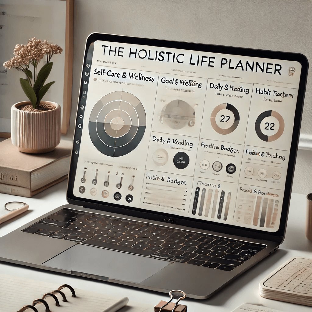 Digital holistic life planner for gratitude journals, mood trackers, goal planners, and daily/weekly planners with prompts for mental well-being